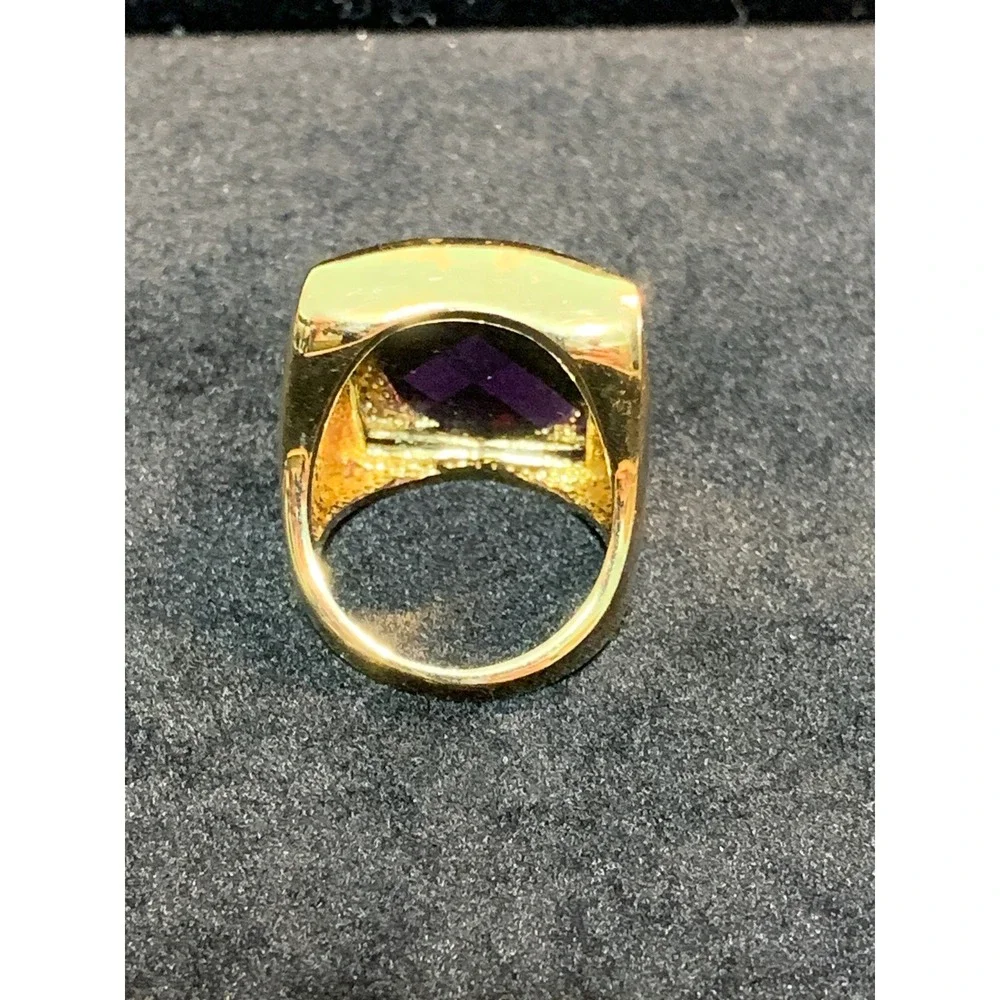 Gold Tone Purple Checkerboard Facet Statement Cocktail Ring Size 9.25